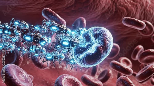Blue glowing cells float amidst red blood cells in a medical illustration