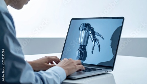Person using laptop to design artificial robotic arm, machine learning and engineering, software development, futuristic automation, digital innovation, industrial production technology