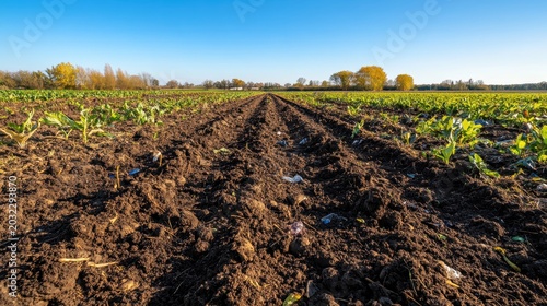 Agricultural Field Soil Contaminated with Microplastics and Visible Debris Under a Clear Sky
