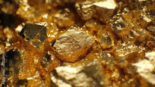 Close-up view of raw gold mineral clusters showcasing its natural metallic texture and rich golden luster