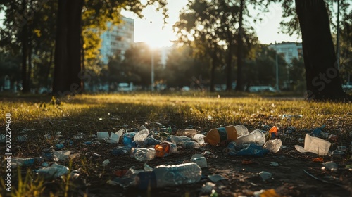 Discarded Single-Use Plastic Bottles Littering a Sunlit Urban Park After an Event, Showing Environmental Neglect