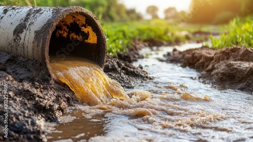 Contaminated stormwater flows from a suburban pipe into a river, highlighting environmental pollution issues with macro photography.