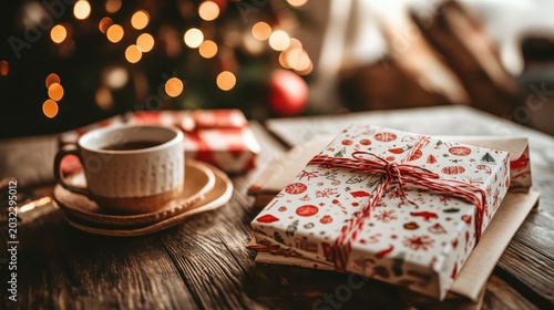 Festive Christmas Gifts and Coffee on a Cozy Wooden Table with Warm Holiday Lights