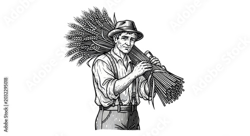 Farmer Carrying Wheat Sheaves on Shoulder, Vintage Illustration