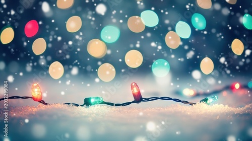 Festive Holiday Lights with Snowfall and Bokeh Effect on a Winter Night
