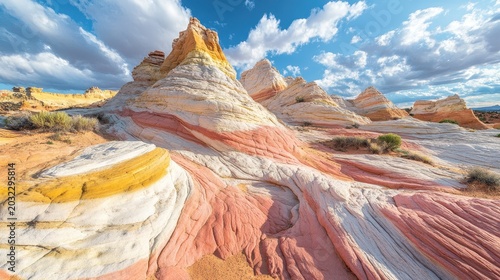 Majestic Desert Landscape with Striking Sandstone Formations Under a Bright Blue Sky