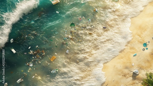 Oceanic pollution showing marine debris and trash accumulating on a sandy beach with crashing waves, highlighting a critical environmental issue.