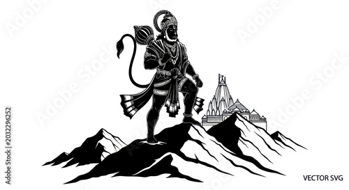 Schilderij op canvas Hanuman standing on mountain peak with temple, Hindu god, black and white illust