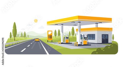 Gas Station on Highway with Car and Trees - Flat Design Vector Illustration