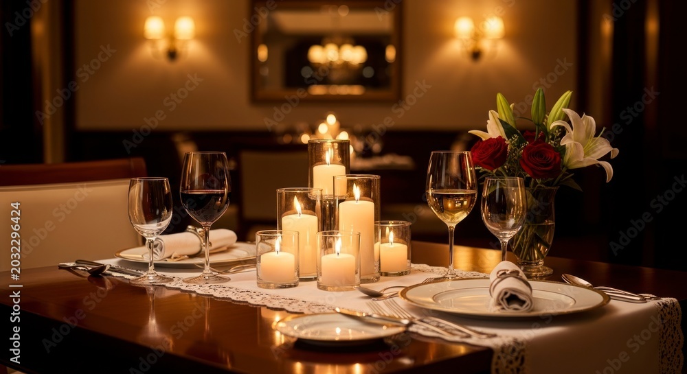 Fototapeta premium A Symphony of Warm Candlelight Illuminating a Romantic Dinner for Two.