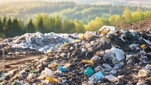 Piles of colorful industrial waste and garbage accumulate in a vast outdoor landfill, contrasting with a backdrop of lush green trees under bright sunlight.