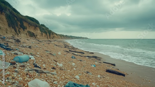 Plastic debris and trash scattered across a polluted rural beach shoreline with overcast skies and ocean waves washing ashore