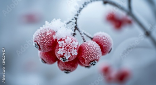 Delicate Snowflake Crystal Adorns a Cluster of Frosted Red Winter Berries.