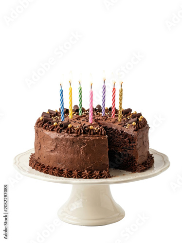 Chocolate Birthday Cake with Lit Candles Isolated on Transparent Background