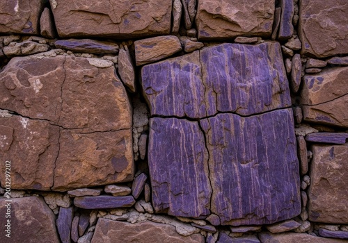 Vibrant Cracked Purple Stone - A Unique Anomaly in a Rustic Brown Rock Wall.