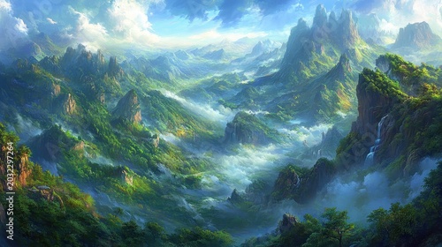 Misty mountain valleys under a cloudy sky creating a serene and dreamy atmospheric landscape vista