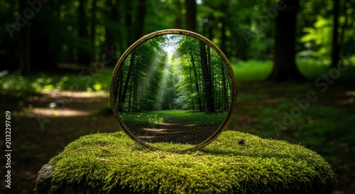 Enchanted Forests Sunlit Path Mirrored in a Crystal Orb on Moss.