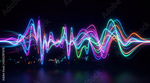 Colorful Audio Waveform Visualized As Glowing Neon Light Trails On Solid Black Background Design Concept