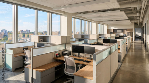 Modern empty office workspace featuring sleek modular cubicles with natural bright sunlight streaming inside beautifully.
