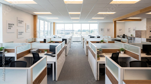 Commercial corporate office interior with semi private cubicles devoid of occupants under bright indoor lights.