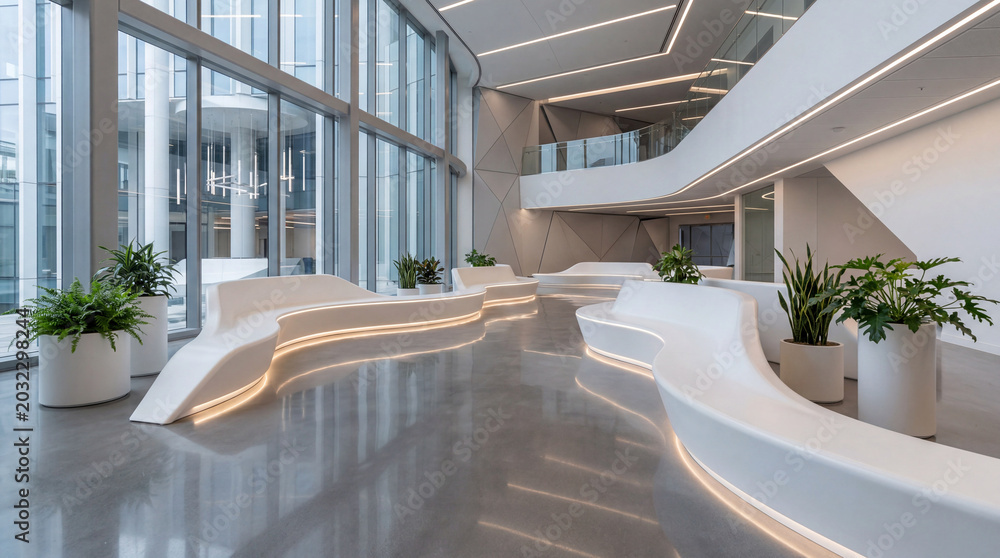Fototapeta premium Futuristic Tech Hub Common Area Interior Layout Featuring Sleek Curved White Polymer Seating Benches Architecture