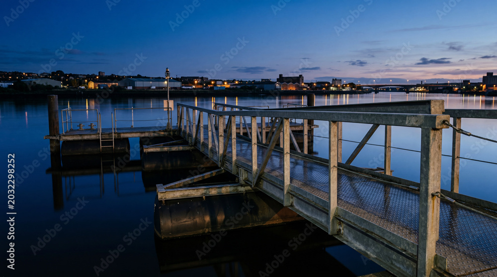 Fototapeta premium Floating industrial chic steel jetty featuring subtle diamond plate texture resting on calm water surface