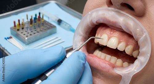Extreme macro shot of a dentist's hand using an electric pulp tester probe on a patient's central incisor, with cheek retractor exposing the tooth, representing endodontic vitality assessment