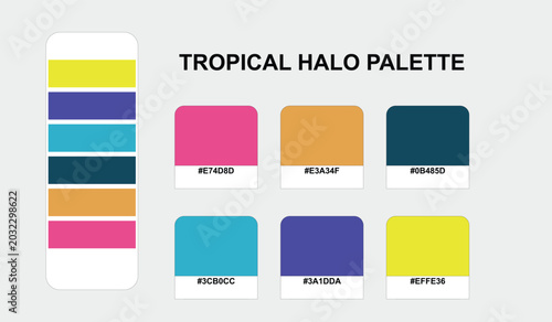 Foto Vibrantly organized Tropical Halo Palette displaying a structural grid of color swatches with precise hex codes and a vertical alignment bar for brand design systems