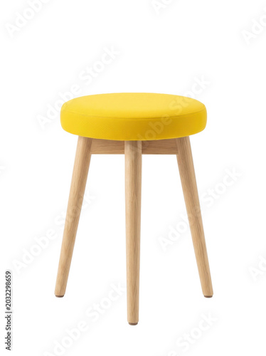 Small Round Stool with Yellow Seat and Light Wooden Legs Isolated on Transparent Background
