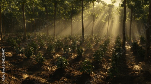 Young saplings in a sunlit forest undergoing reforestation and growth