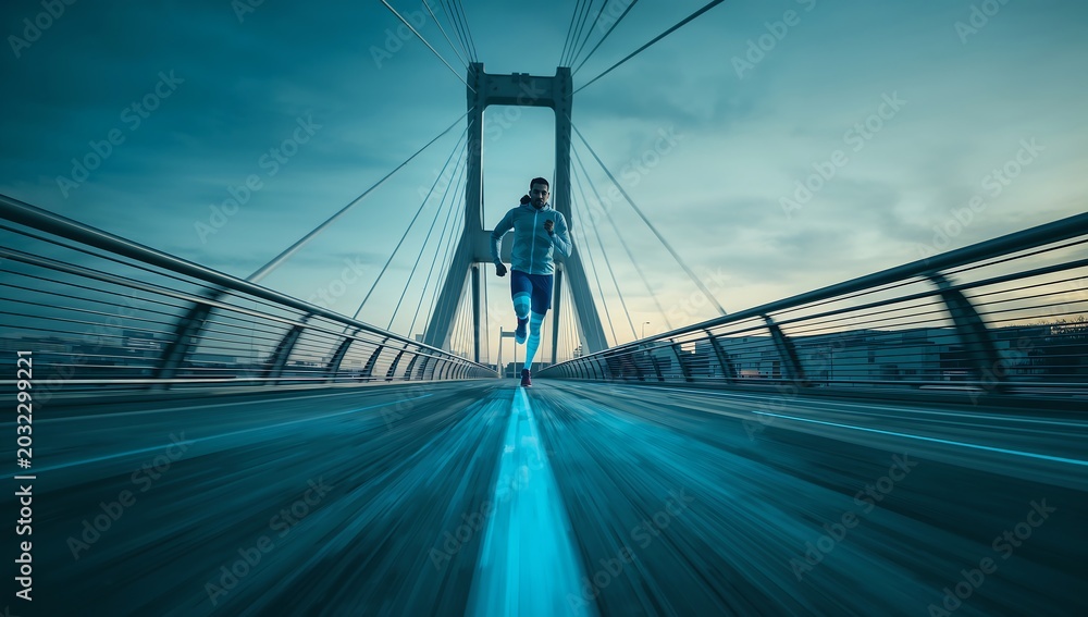Fototapeta premium Generative AI depicts a person running across a modern suspension bridge during daytime