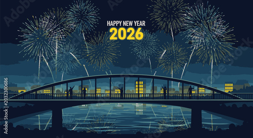 Schilderij op canvas New Year 2026 Fireworks Display Over Bridge.