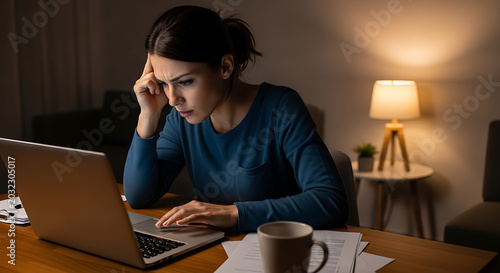 Woman working on laptop at night with furrowed brow and focused expression in warm lamp light