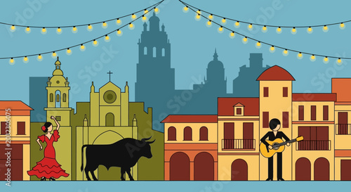 Foto Spanish Festival Scene: Flamenco Dancer, Bull, Guitarist, and Cityscape