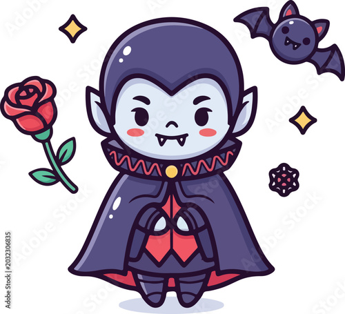 Cute cartoon vampire boy holding red rose with flying bat, yellow stars, and spider web. Perfect for halloween themed designs.