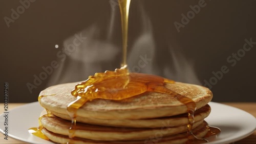 Stack of pancakes with honey being drizzled on top