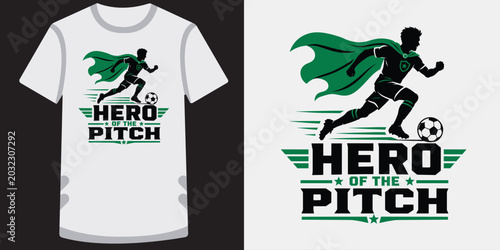 Superhero soccer player running with ball and cape graphic for sports apparel print design.
