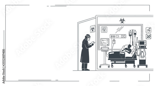A doctor in a hazmat suit checking a patient in an intensive care isolation unit.