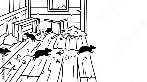 Fotografía A group of rats running across a messy floor in an abandoned house