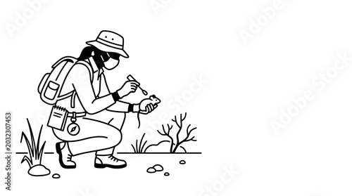 Bild auf Leinwand A line art illustration of a field scientist examining a rock sample outdoors