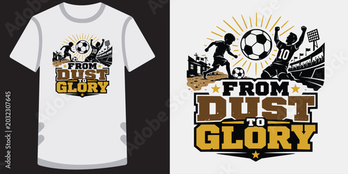 Foto Soccer t-shirt design with two players and phrase from dust to glory under shining sun