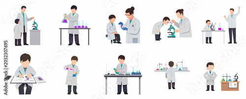 Fotografie Flat vector illustration set of kids and teachers conducting science experiments in a laboratory, learning chemistry and biology with microscopes and beakers