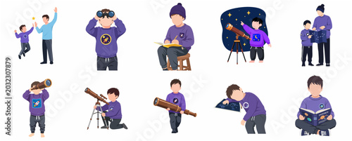 Fotografía Young boy exploring astronomy and space science with telescope and father set