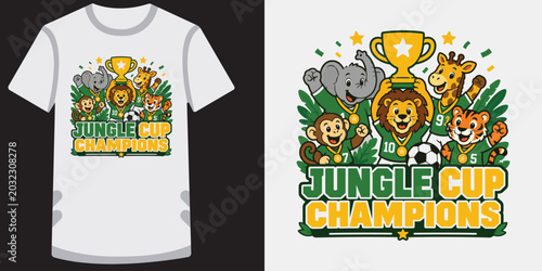 Photography Jungle animals holding trophy celebrating victory in football championship vector design
