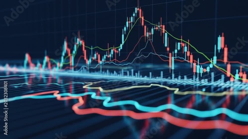 Stock chart showing red and blue candlestick bars with green red and teal trend lines over a gridlike reflective plane