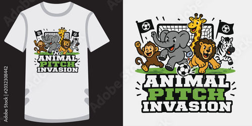 Canvas Print Animal pitch invasion cartoon vector illustration with zoo animals playing soccer on field