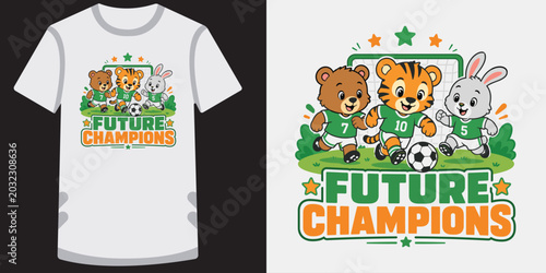 Future champions soccer cartoon vector illustration with cute tiger bear and rabbit players.