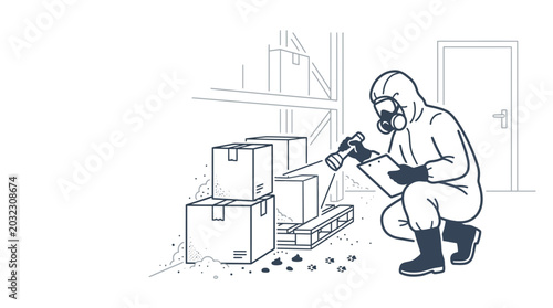 Foto A line art illustration of a person in a protective suit examining packages