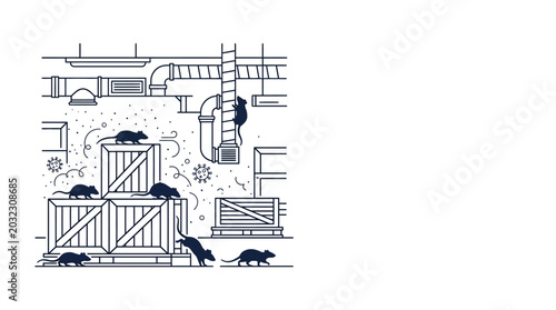 Bild auf Leinwand A line art illustration showing a group of rats infesting a warehouse storage area