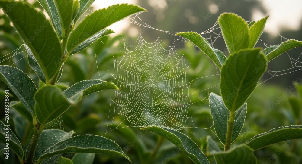 Fototapeta premium A Sun-Kissed Gossamer Web Intricately Woven Among Lush Green Leaves.